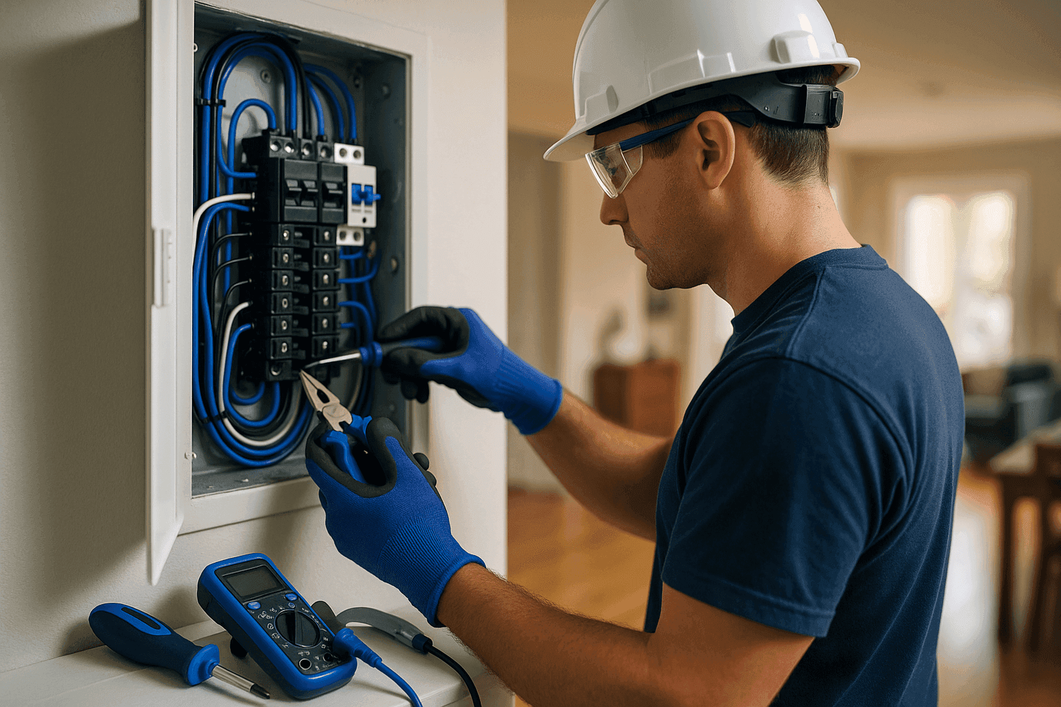 Residential electrician wearing safety gear working on electrical panel indoors
