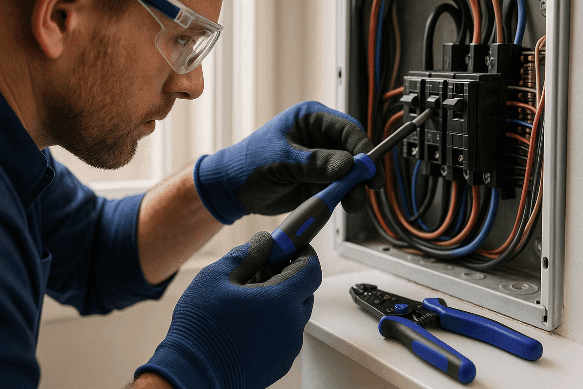 Close-up of electrician’s gloved hands wiring residential electrical panel safely