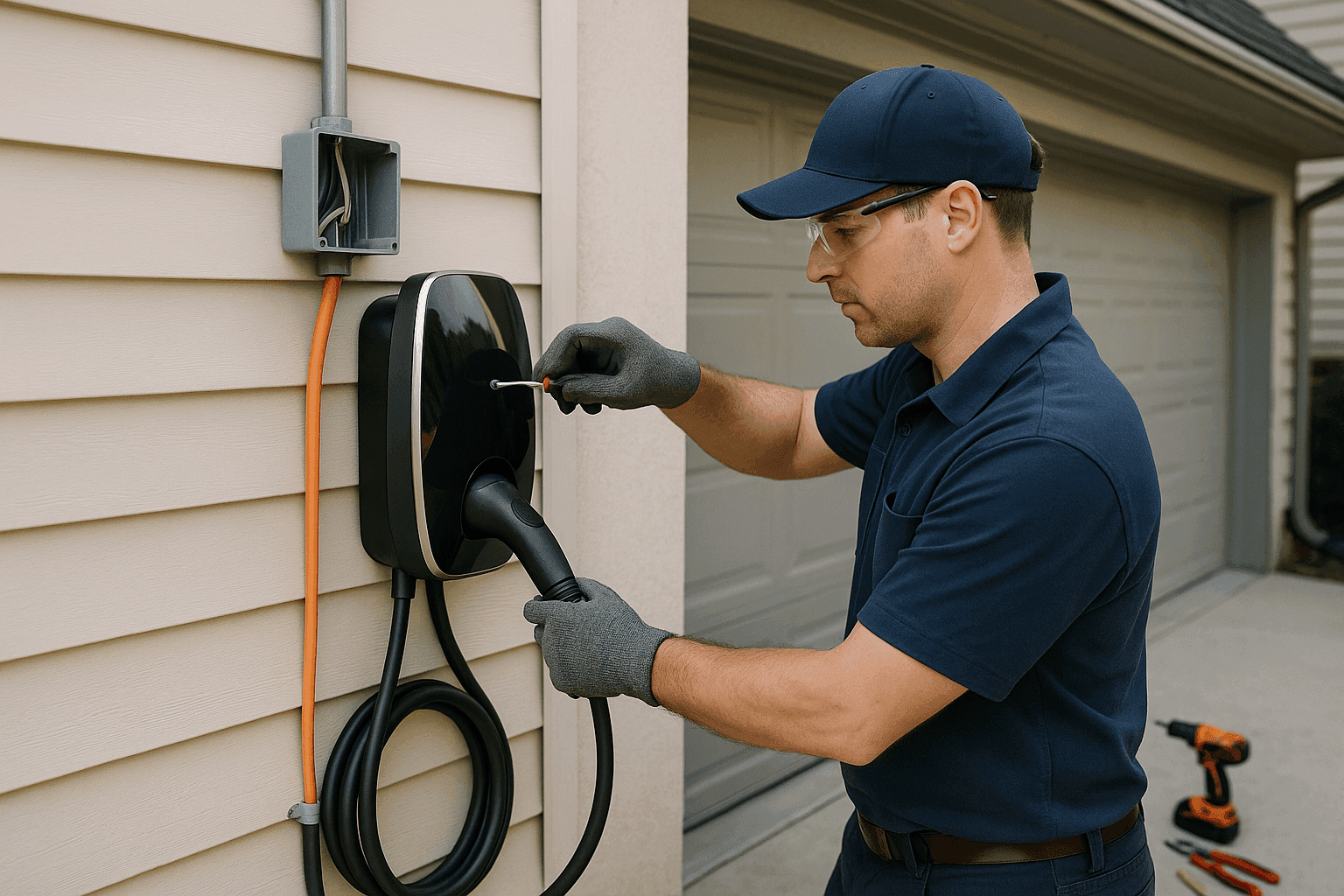 Electrician installing an electric vehicle charger on a home garage wall