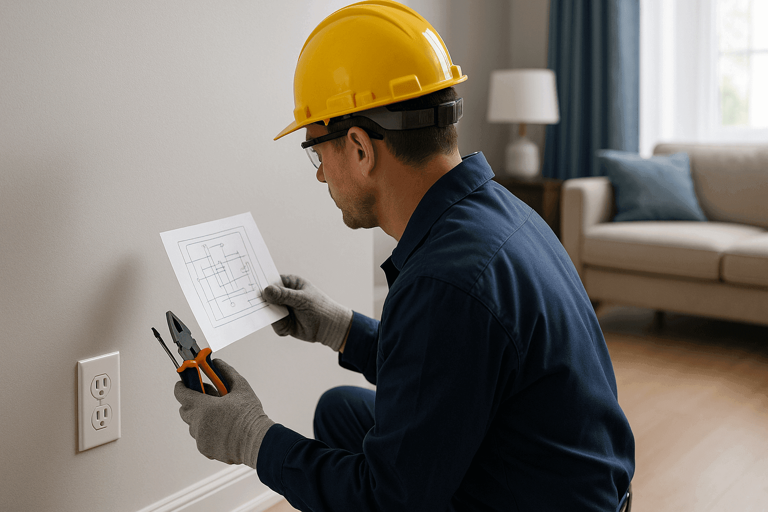 Electrician holding wiring diagram and tools near home wall outlet