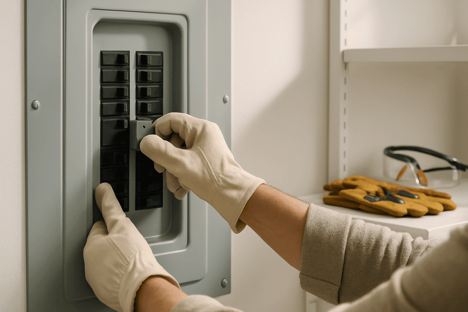 Homeowner turning off main breaker during power outage emergency