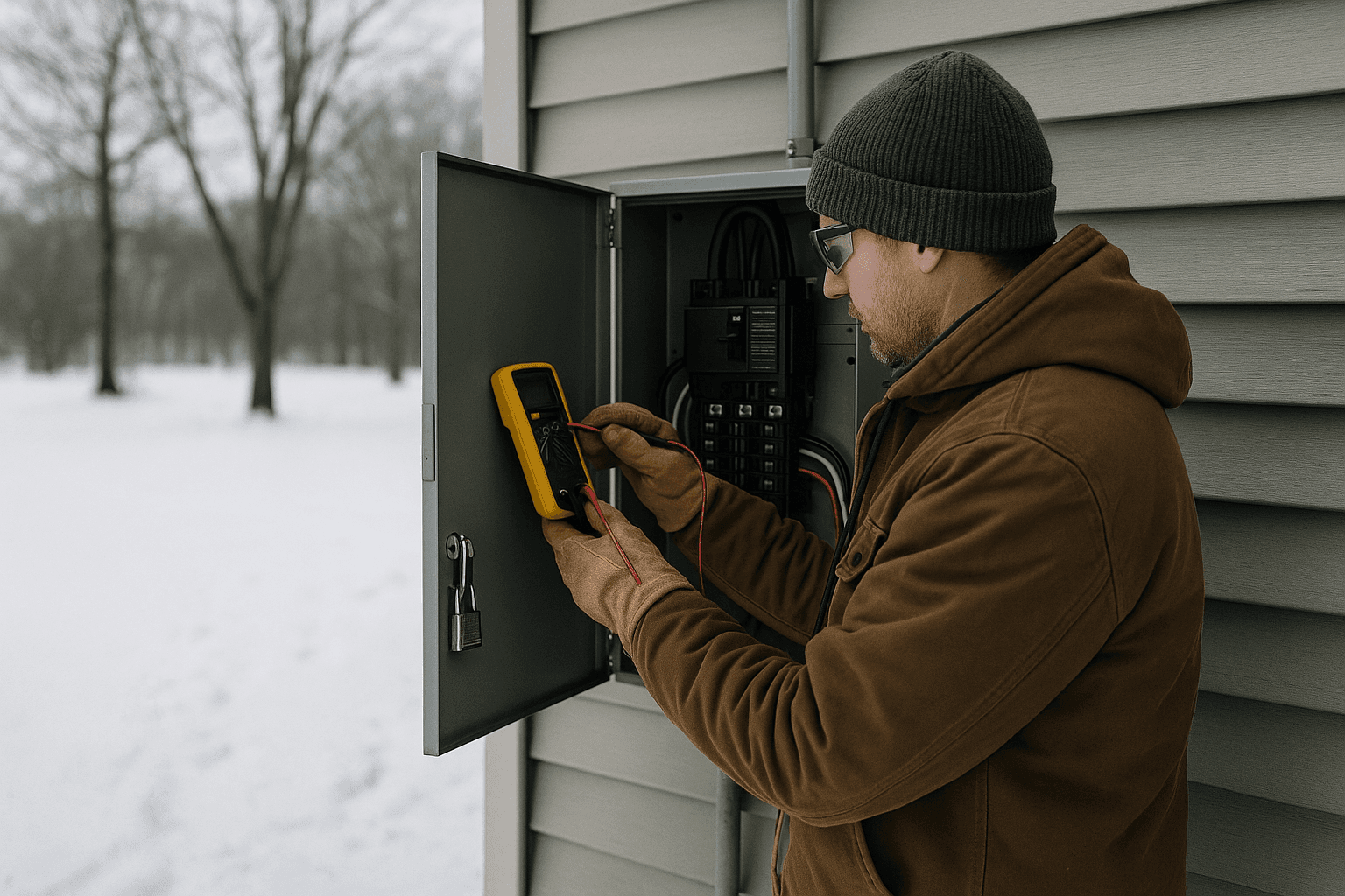 Homeowner inspecting outdoor electrical panel during winter storm preparation